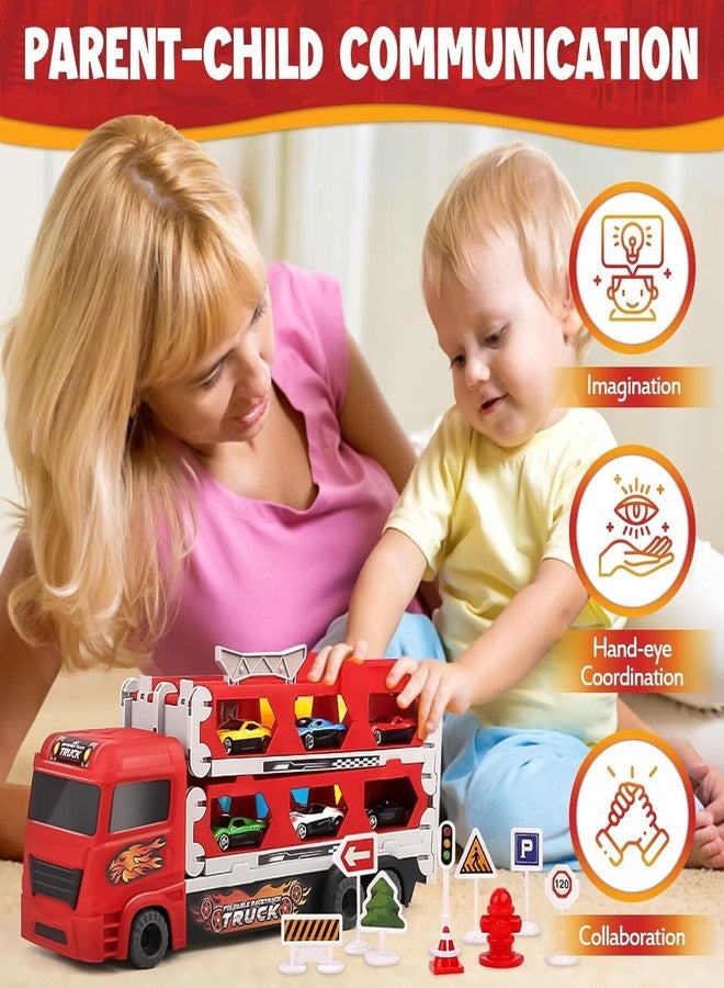 TOYVELLY مجموعة ألعاب شاحنة النقل الكبيرة من TOYVELLY مع مسارين للقذف، وحامل سيارات قابل للطي قابل للطي مع سيارتين معدنيتين، هدية للأطفال من عمر 3 سنوات فما فوق (مقطورة). - Image 3